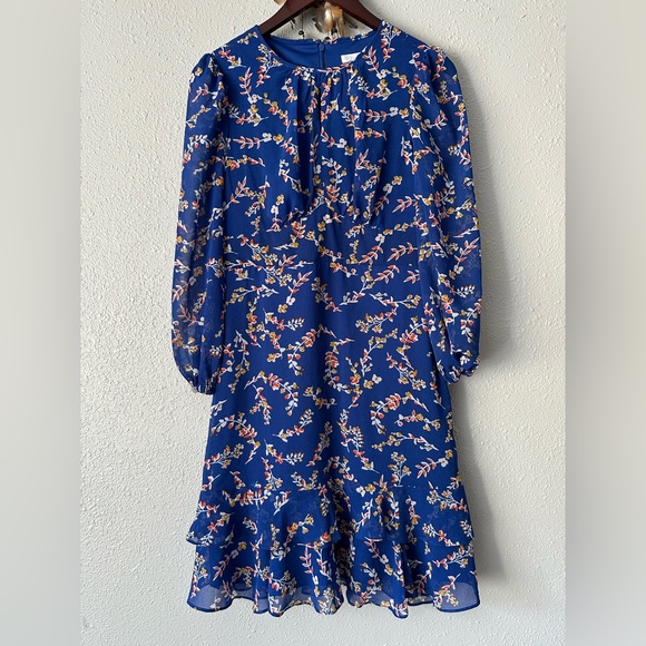 London Times Dresses & Skirts - London Times Blue Floral Print Dress Women’s Size 6 Fit Flare Bishop Sleeves